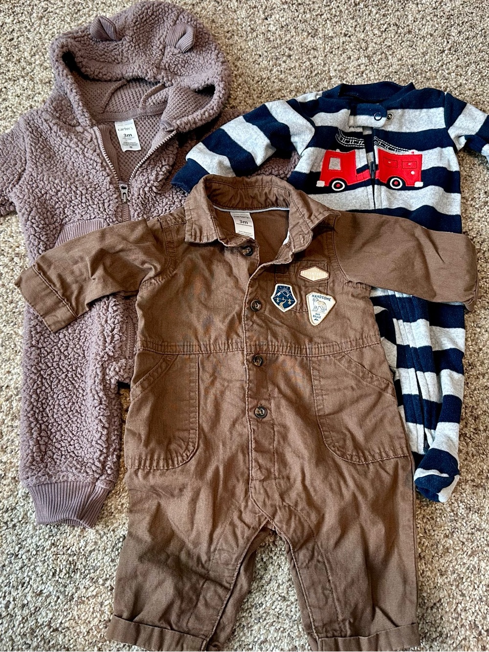 Carter's Brown 3 Piece Onesie Set Brown Utility, Fleece, and Stripe Fire Truck